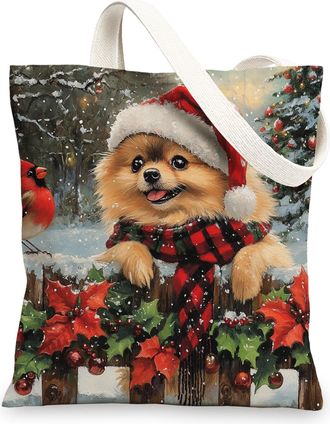 Generic Christmas Pomeranian Dog Canvas Tote Bag for Shopping 13x15, Xmas Farmhouse Cardinal Puppy Reusable Grocery Print Bag for Women Men, Holiday Pet Aesth