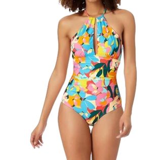 Anne Cole High Neck Ruffle Straps One-Piece Swimsuit In Plumeria