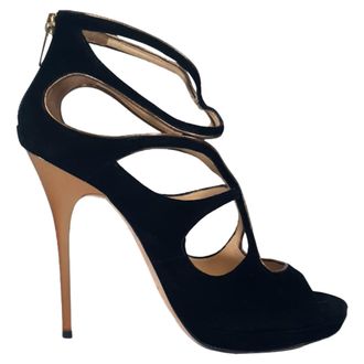 Jimmy Choo London Cut-Out Sandal Heels in Black Suede