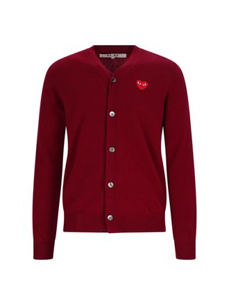 Comme Des Gar&ccedil;ons Burgundy V-Neck Iconic Heart Wool Cardigan