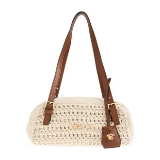 Versace Shoulder Bags, female, Beige, Size: ONE SIZE Tag Raffia Bowling Bag