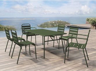 Vente-Unique Sala pranzo giardino Metallo Kaki MIRMANDE: un tavolo L.160cm con 2 sedie impil. braccioli e 4 sedie impil