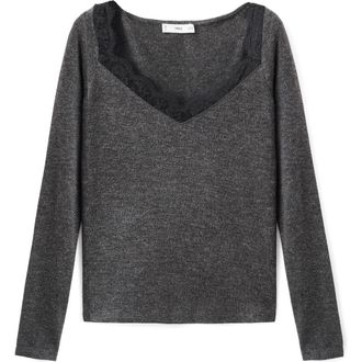 Mango Lace Trim Long Sleeve Top in Medium Heather Grey at Nordstrom, Size X-Large