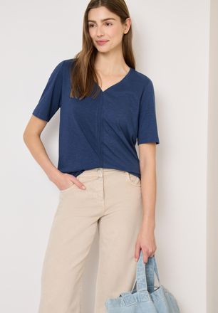 Cecil V-Shirt CECIL, Damen, Gr. XXL (46), sporty denim blau, Jersey, Obermaterial: 50% Baumwolle, 50% Modal, unifarben, normal h&uuml;ftbedeckend, V-Ausschnitt, 