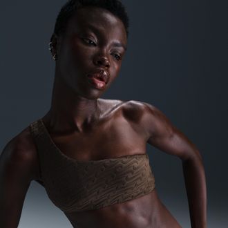 Nike Womens Swim Swoosh Link Terry Asymmetrical Bikini Top in Brown | NESSF254-206