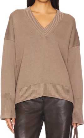 White + Warren Organic Cotton Rib Trim Oversized V-Neck Sweater In Mocha