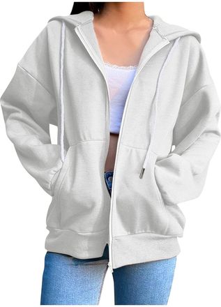 Generic Ladies Full Zip Hoodies Plus Size Loose Fit Plain Hooded Sweatshirt Ladies Fleece Jackets Full Zip Coats With Pockets For Ladies Teen Girls Womens Fro