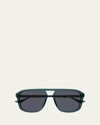 Gucci Mens Double-Bridge Acetate Aviator Sunglasses