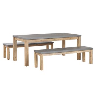 Beliani Conjunto De Jard&iacute;n De Cemento Reforzado Gris Madera De Acacia Clara Mesa De 6 Plazas 2 Bancos Para Exteriores Industrial Moderno Ostuni