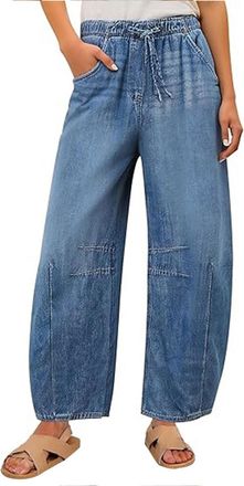 Generic Jeggings for Women UK Jeans for Women UK Wide Leg Trousers Barrel Denim Pants Drawstring Elasticated High Waist Pull On Baggy Stretch Jeggings Straigh