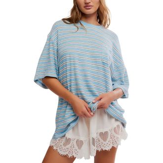 Free People Allover Stripe Cotton T-Shirt in Blissful Blue Combo at Nordstrom, Size X-Large