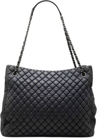 Chanel Navy Silver Leather Shoulder Bag Tote Bag (Pre-Owned)