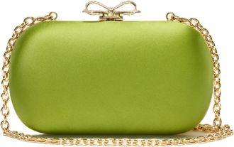 Self Portrait Lustrous Green Satin Clutch Bag with Crystal Bow Detail