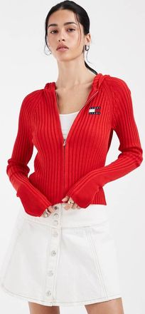 Tommy Jeans Cardigan rosso a coste con cappuccio