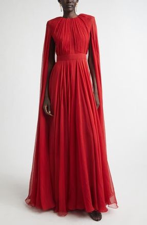 Givenchy Long Sleeve Silk Crepon Cape Gown in Dark Red at Nordstrom, Size 36