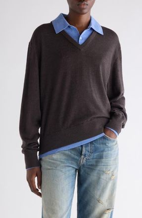 Acne Studios Layered Wool Polo Sweater in Brown/Blue at Nordstrom, Size X-Small
