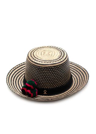 Yosuzi Striped Pom Pom Straw Fedora Hat