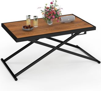 IDMarket Tavolo Da Giardino Olie Da 100 Cm Con Altezza Regolabile In 3 Posizioni, In Metallo Nero E Piano In Vetro Effetto Legno