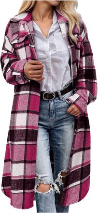 Generic Plaid Cardigans for Women UK Long Flannel Open Front Cardigans with Pockets Lapel Button Down Trench Coats Long Sleeve Plaid Cardigan Coat Hot Pink