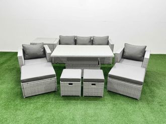 Fimous 9 PCs Rising Dining Table Set Rattan Furniture Set with 3 Seater Sofa in Light Grey