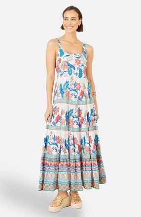 Yumi Floral Block Print Tiered Maxi Sun Dress in Blue at Nordstrom, Size 12