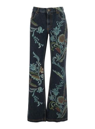 Etro Blue Jeans With All-Over Painted Flowers In Denim Woman