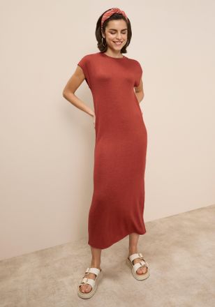 Tamaris Strickkleid TAMARIS, Damen, Gr. 34, N-Gr, rostrot, Single Jersey, Obermaterial: 50% Polyester, 45% Viskose, 5% Elasthan, unifarben, l&auml;ssig geschnitten