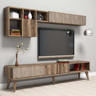 Dmora Pared Modular Domanico, Mueble De Sal&oacute;n, 11 Estantes, 4 Puertas, Color Nogal