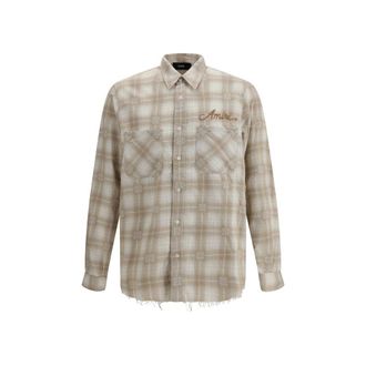 Amiri Mens Plaid Long Sleeve Shirt - Ivory Cotton - Size X-Large