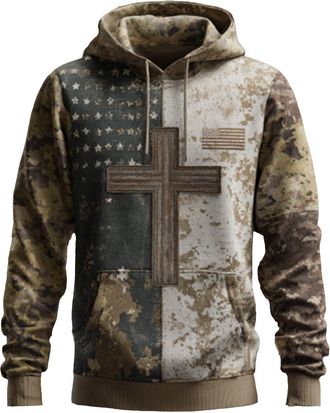 Generic Christian Sweatshirts for Men Faith Casual Cross Flag Print Hooded Sweatshirt Vintage Graphic Pullover Long Sleeve Shirt, Z01-Blue, L