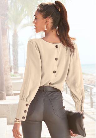 Lascana Langarmbluse LASCANA, Damen, Gr. 34, beige (creme), Web, Obermaterial: 100% Polyester, unifarben, figurumspielend h&uuml;ftlang, Rundhals, Manschette mit K