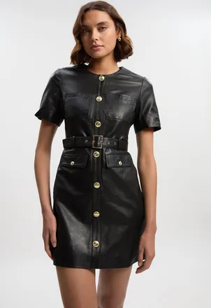 Karen Millen Womens Leather Pocket Belted Mini Dress - Black - Size 6 UK
