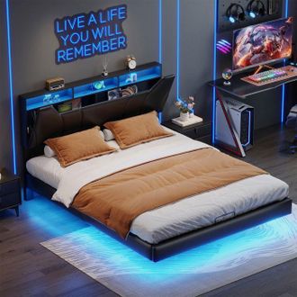 OEM Cama Litera - 160x200 Cm - Led Integrada - Cofre De Almacenamiento - Escandinavo Negro Pu