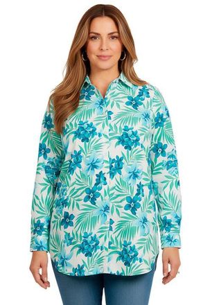 Roaman's Plus Size Kate Long Sleeve Easy Cotton-Blend Button-Front Shirt in Turquoise Tropical Floral at Nordstrom, Size 36