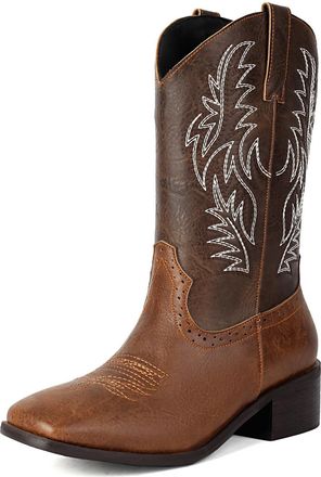 Generic Womens Square Toe Cowboy Boots Pull on Western Wide Calf Boots Chunky Heel Mid-Calf Cowgirl Boot with Embroidered,Brown,4.5 UK