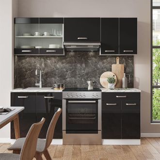 Vicco Mueble De Cocina R-line, Negro Brillo/blanco, 200 Cm Sin Encimera