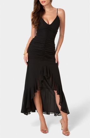 Bebe Cascading Ruffle Ruched Chiffon High-Low Dress in Black at Nordstrom Rack, Size X-Small