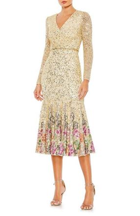 Mac Duggal Faux Wrap Long Sleeve Tea Length Dress in Gold Multi at Nordstrom, Size 20