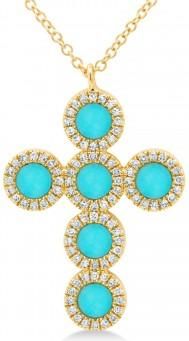 Allurez Diamond & Turquoise Cross Pendant Necklace 14K Yellow Gold (0.90ct)