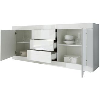 Dmora Credenza Pasubio, Madia 2 Ripiani, 3 Cassetti Made in Italy, 2 Ante, 210x42x85.8h cm Bianco Lucido