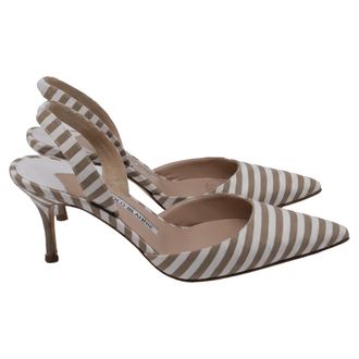 Manolo Blahnik Carolyne Pointy Toe Slingback Pumps in Beige Canvas