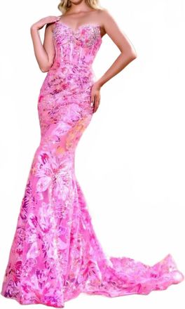 Portia & Scarlett Strapless Long Gown In Pink Multi
