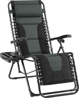 Yaheetech Homevive Silla De Gravedad Cero Acolchada Tumbona Plegable De Playa Con Reposacabezas Portavasos Para Jard&iacute;n Patio Negro/gris