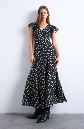Topshop Flutter Sleeve Polka Dot V-Neck Midi Dress in Black Spot at Nordstrom, Size 10 Us
