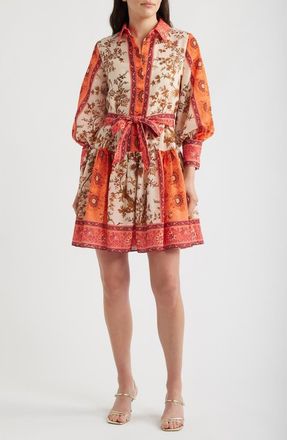 Kobi Halperin Bailey Print Long Sleeve Tie Waist Dress in Bright Coral Multi at Nordstrom, Size Xx-Large