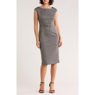 Calvin Klein Hardware Belt Houndstooth Ponte Sheath Dress in Black/Malt/Cream at Nordstrom Rack, Size 12