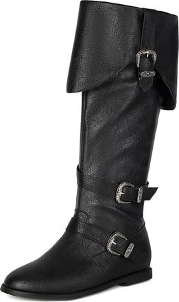 Generic Womens PU Leather Knee High Boots with Side Zipper Round Toe Long Boots with Buckle Flat Heel Pirate Boot,Black,5.5 UK