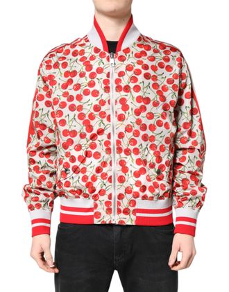 Dolce & Gabbana White Cherry Print Full Zip Bomber Mens Jacket