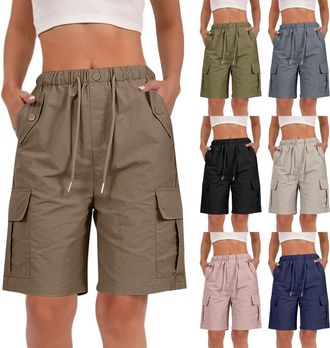 Generic Womens Bermuda Shorts Cargo Shorts Women UK Cotton Loose Fit Bermuda Shorts with Multi Pockets Summer Drawstring Elasticated Waist Half Pants for Outd