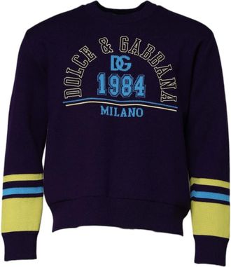Dolce & Gabbana Blauwe Milano Crewneck Sweatshirt met Logo Details - Heren - Ronde hals truien - Blauw - M - Wol - Truien & Vesten